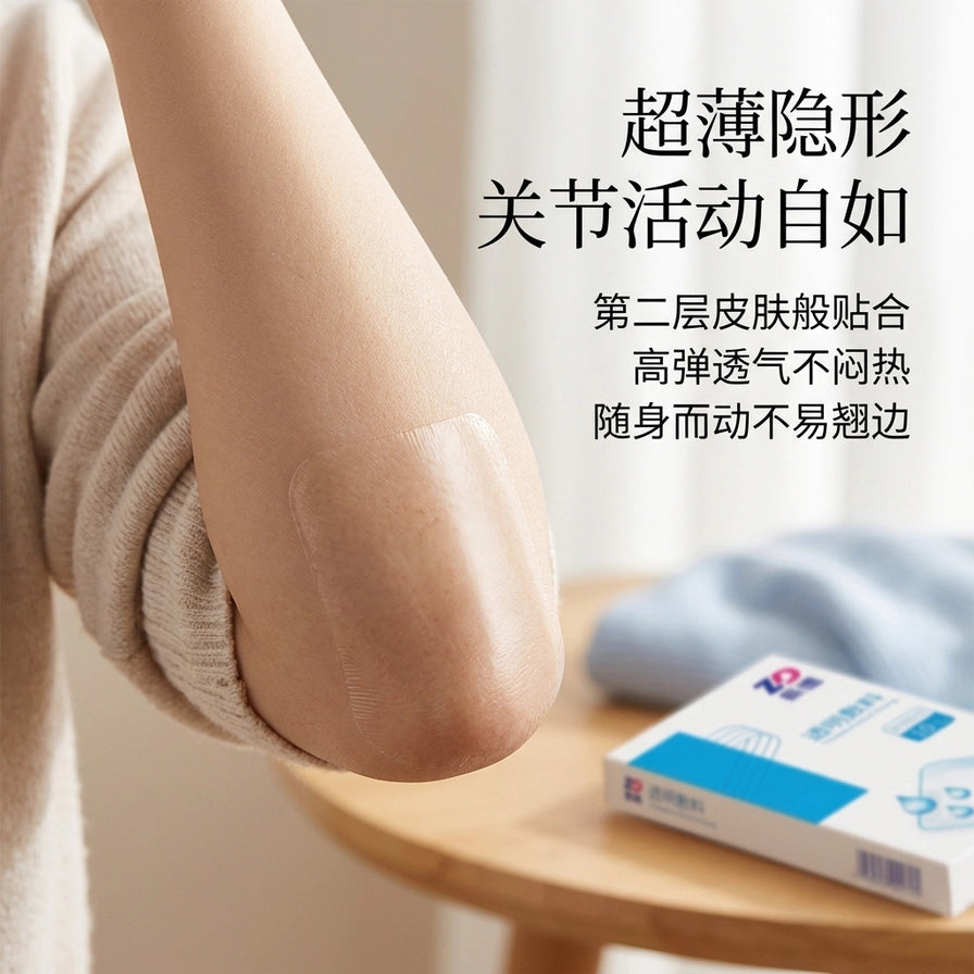 手肘关节处贴着超薄隐形透明敷料，展示其贴合度高、活动自如且不易翘边的特点。