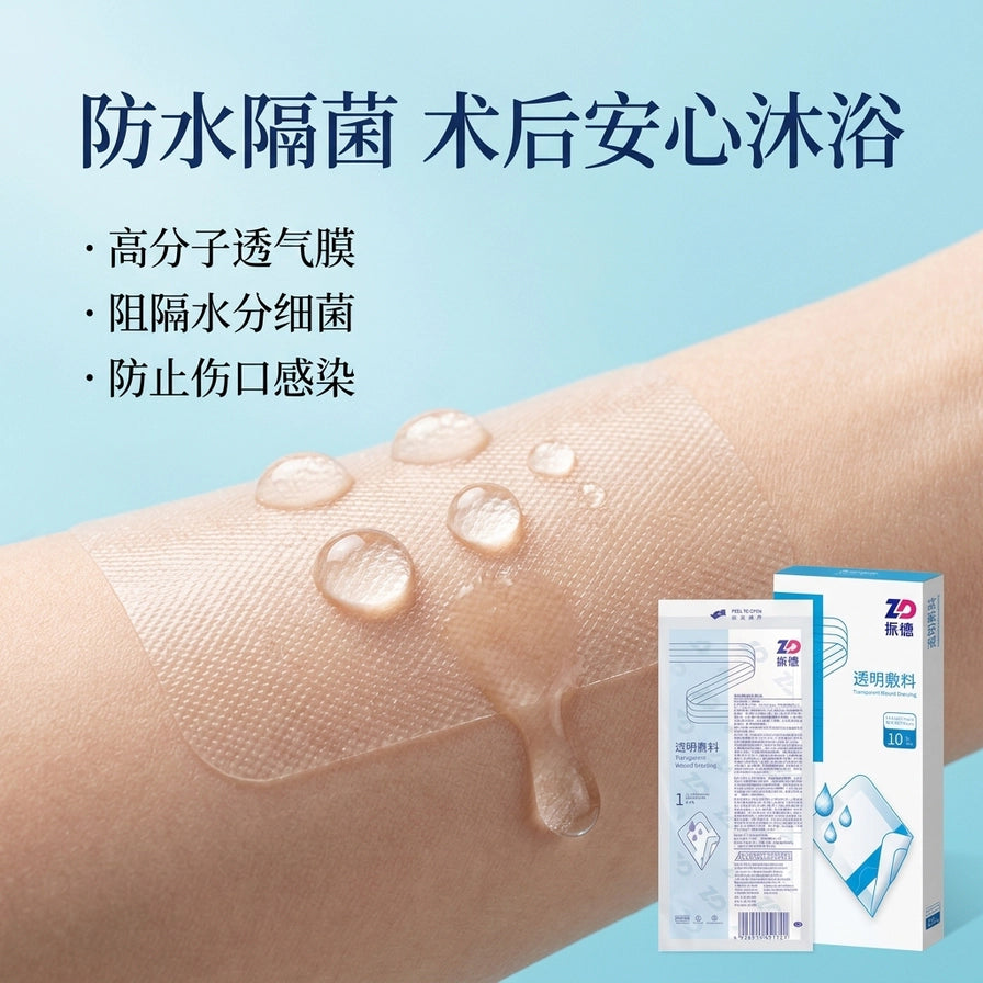 手臂上贴着透明敷料的特写，水滴在敷料表面滑落，展示其防水隔菌和高分子透气膜特性。