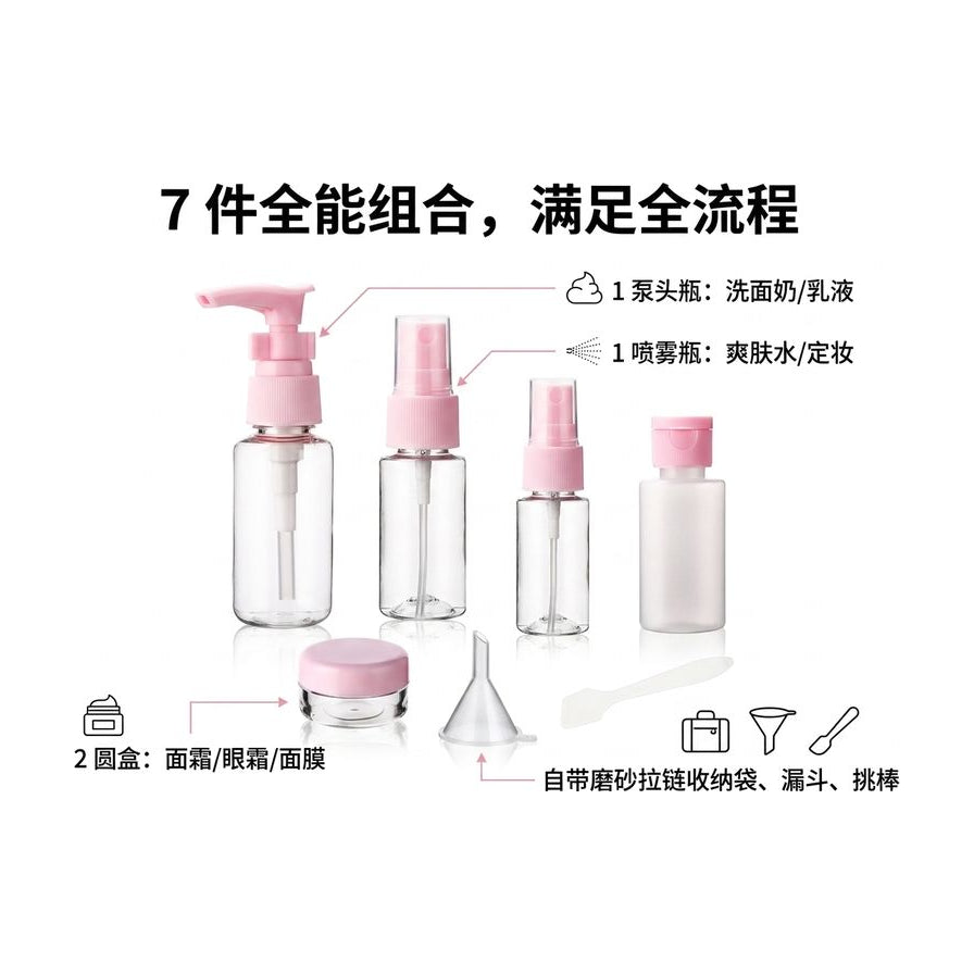 带中文标注的 7 件套分装瓶功能图解，说明各瓶用途及配件清单。