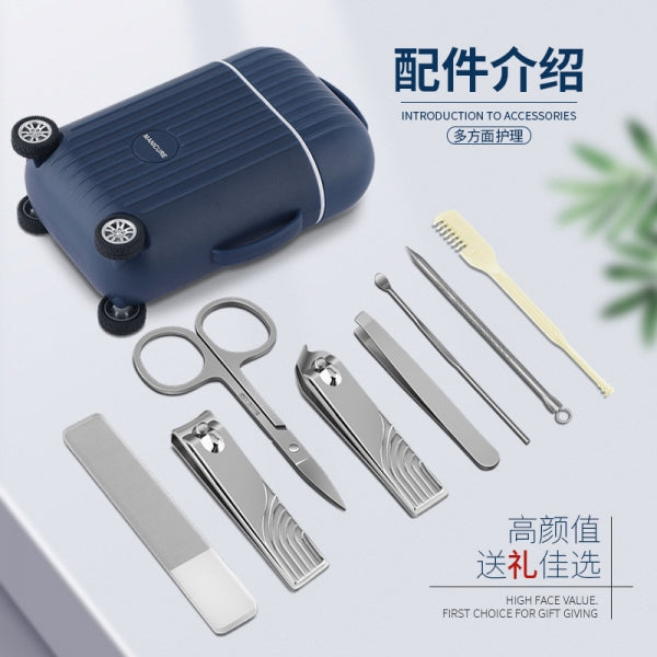 蓝色旅行箱美甲套装俯拍图，展示内部金属工具细节及中文配件介绍文字。