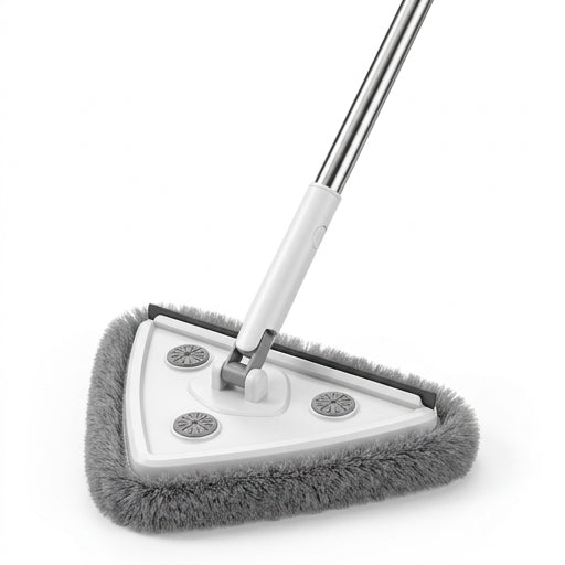 三角拖把清洁天花板角落和蜘蛛网的电商说明图，展示高处免梯清洁场景