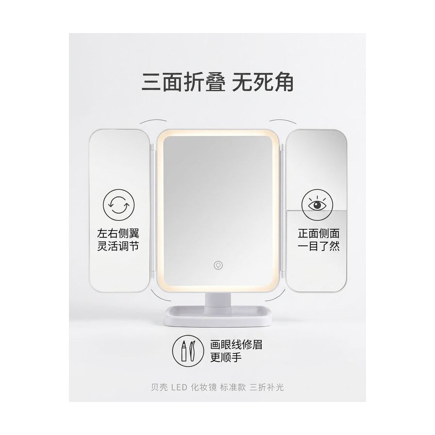 带中文标注的三面折叠化妆镜功能图解，展示左右侧翼灵活调节及多角度视野。