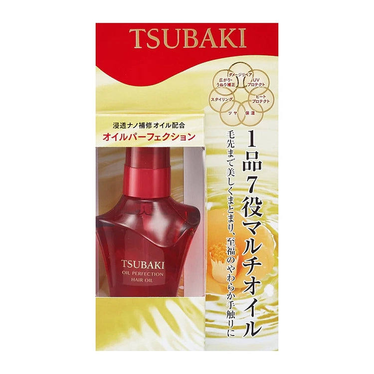Tsubaki 丝蓓绮护发油产品包装背面图，包含日文功效说明、七效合一图示及金色山茶花元素。