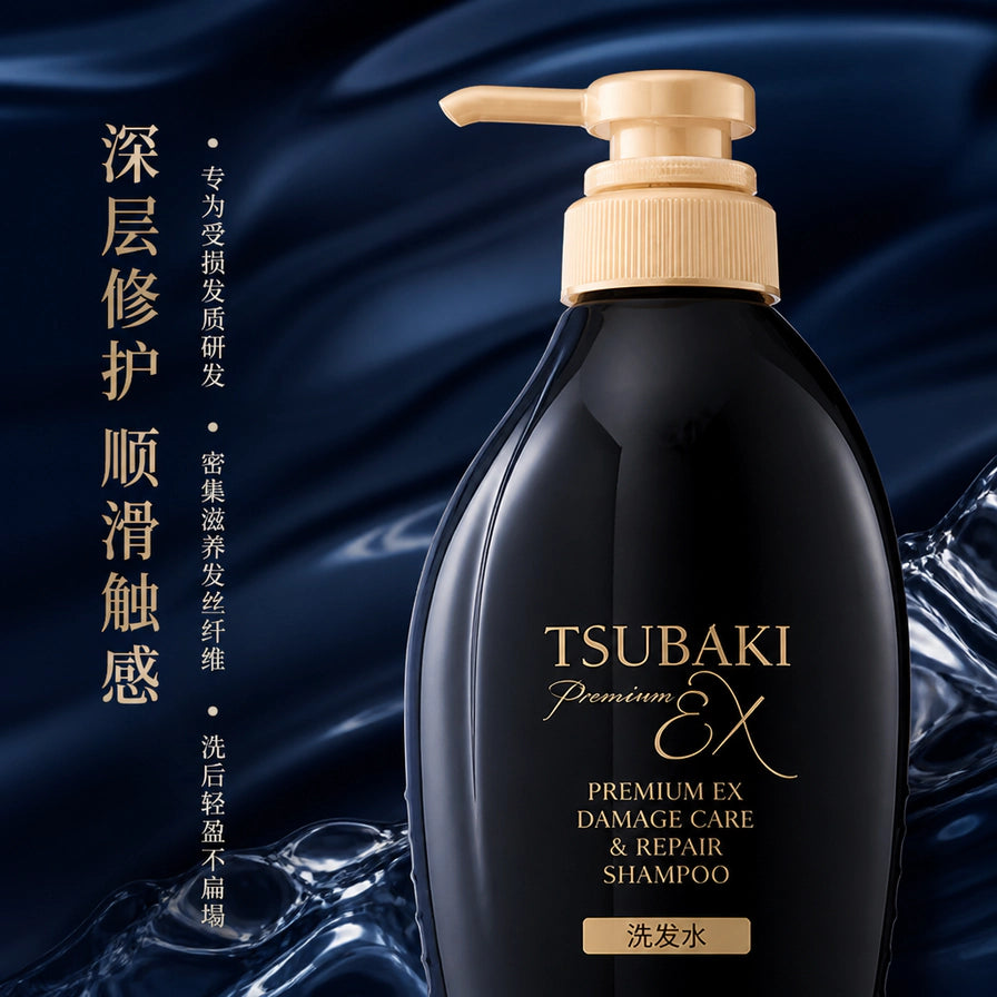 资生堂 TSUBAKI 丝蓓绮黑椿洗发水近景，左侧配有深层修护、顺滑触感等中文卖点文字，背景为深蓝色水波纹。