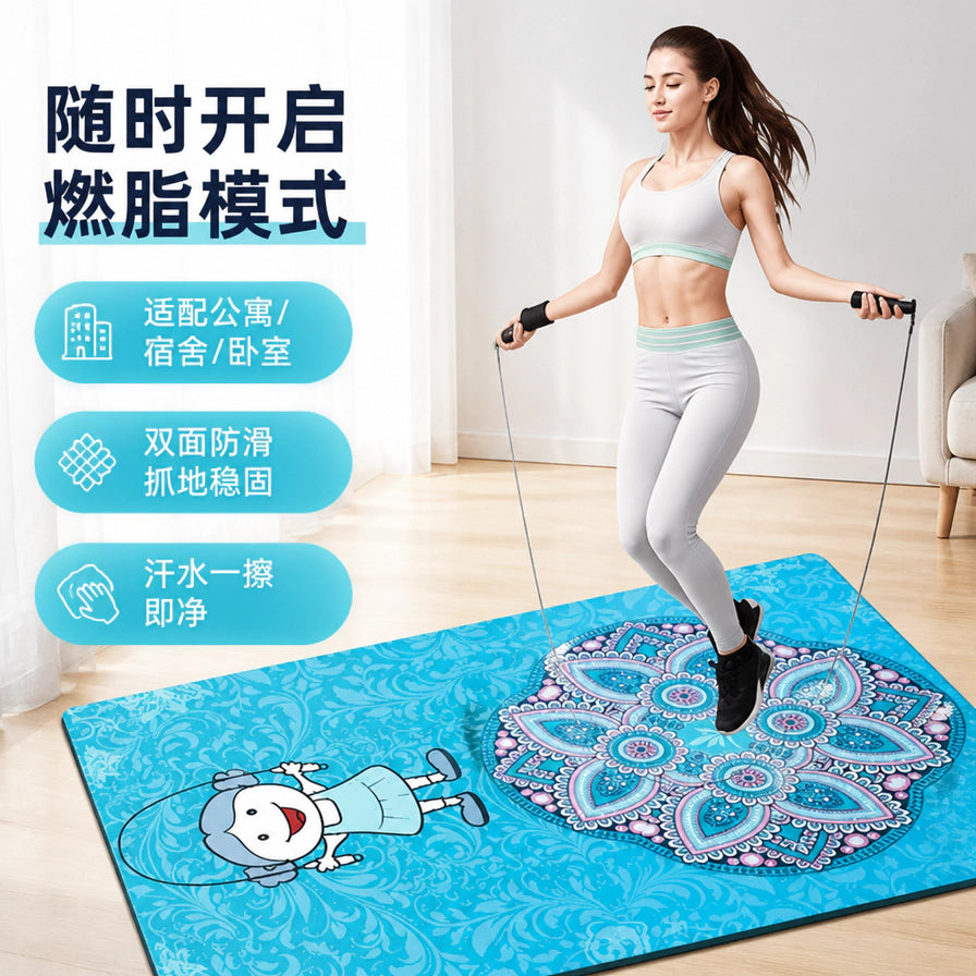 女性在室内使用蓝色卡通印花跳绳垫，配有中文说明：随时开启燃脂模式、适配公寓宿舍、双面防滑、汗水一擦即净。