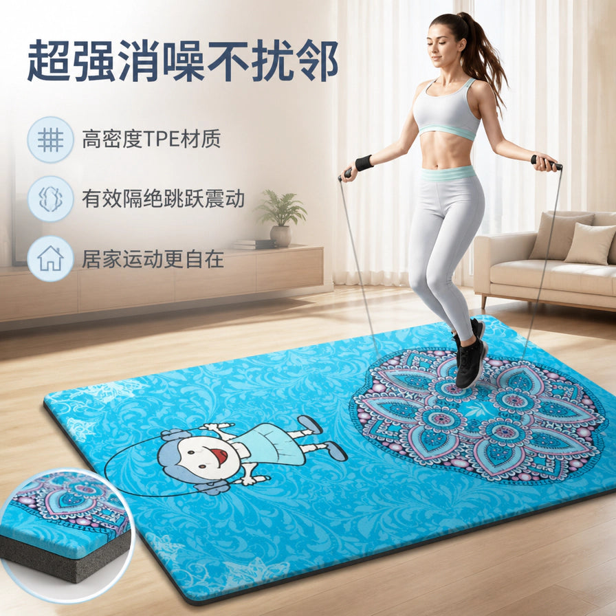 一名女性在居家客厅环境中使用途斯跳绳垫，配有中文卖点文字：超强消噪不扰邻、高密度 TPE 材质、有效隔绝跳跃震动。