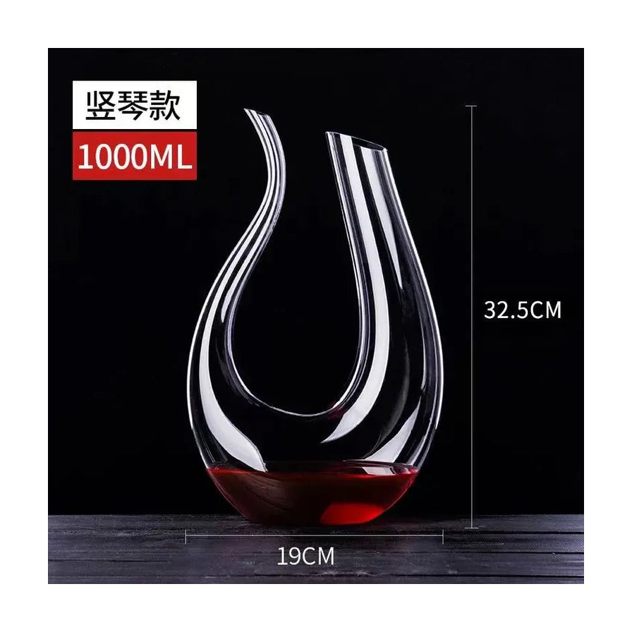 透明U型醒酒器尺寸图，标注高度32.5cm，底部宽度19cm，容量1000ml，内盛红酒展示。