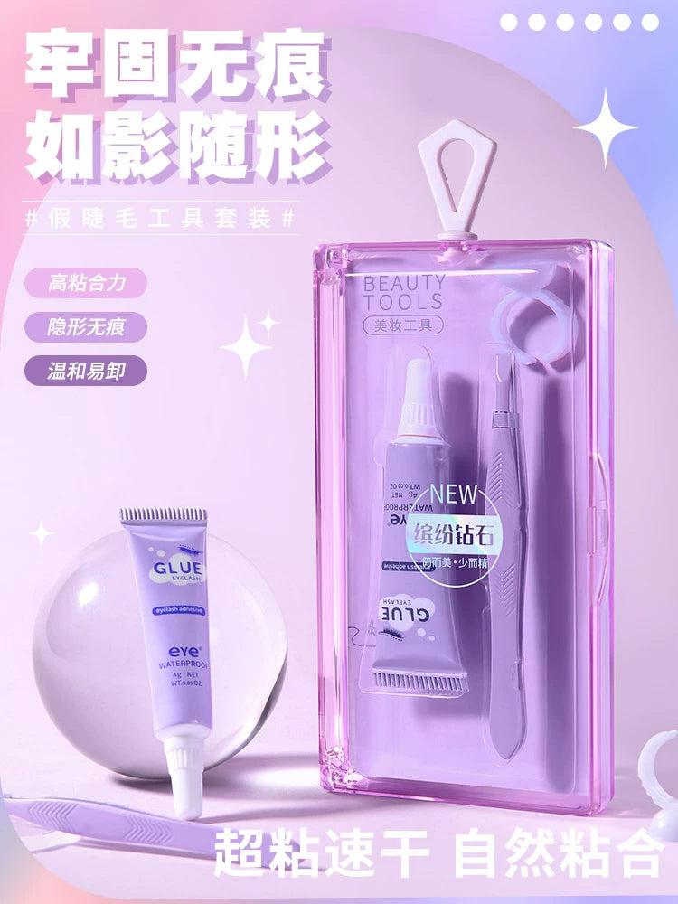 睫毛胶水套装宣传图，配有中文卖点文案“牢固无痕”、“高粘合力”，展示产品细节与使用场景。