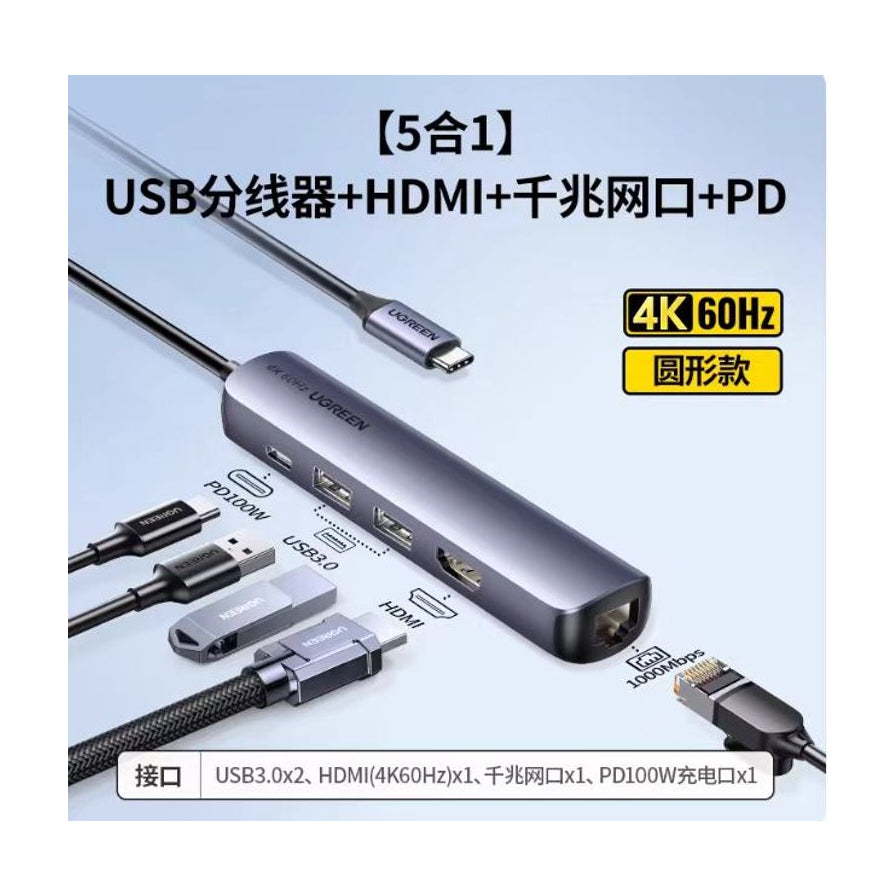 绿联五合一扩展坞功能介绍图，包含 4K 60Hz HDMI、千兆网口、PD 100W 充电和 USB 3.0 接口说明。