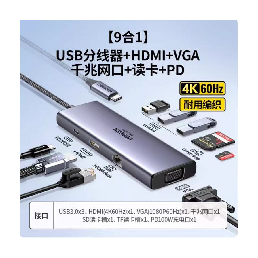 绿联扩展坞功能示意图，标注了4K 60Hz、耐用编织线材以及包含USB 3.0、HDMI、VGA、千兆网口、读卡槽和PD 100W充电口在内的接口详情。