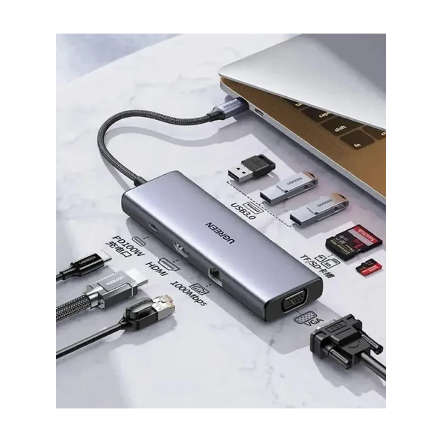 绿联10合1扩展坞连接笔记本电脑的使用场景图，展示了USB - C接口连接及多种外接设备的示意。