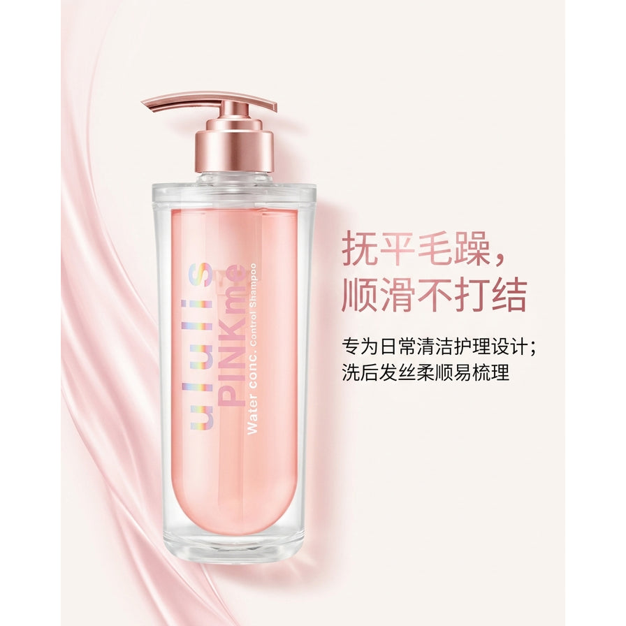 ULULIS 洗发水产品营销图，瓶身旁侧印有中文宣传语“抚平毛躁，顺滑不打结”，背景为粉色流体纹理。