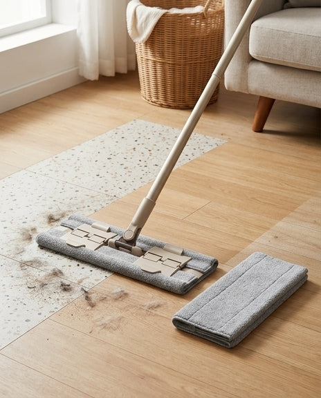 平板拖把清洁床底和沙发底死角的场景示意图，展示 360 度旋转头和伸缩手柄的使用效果。