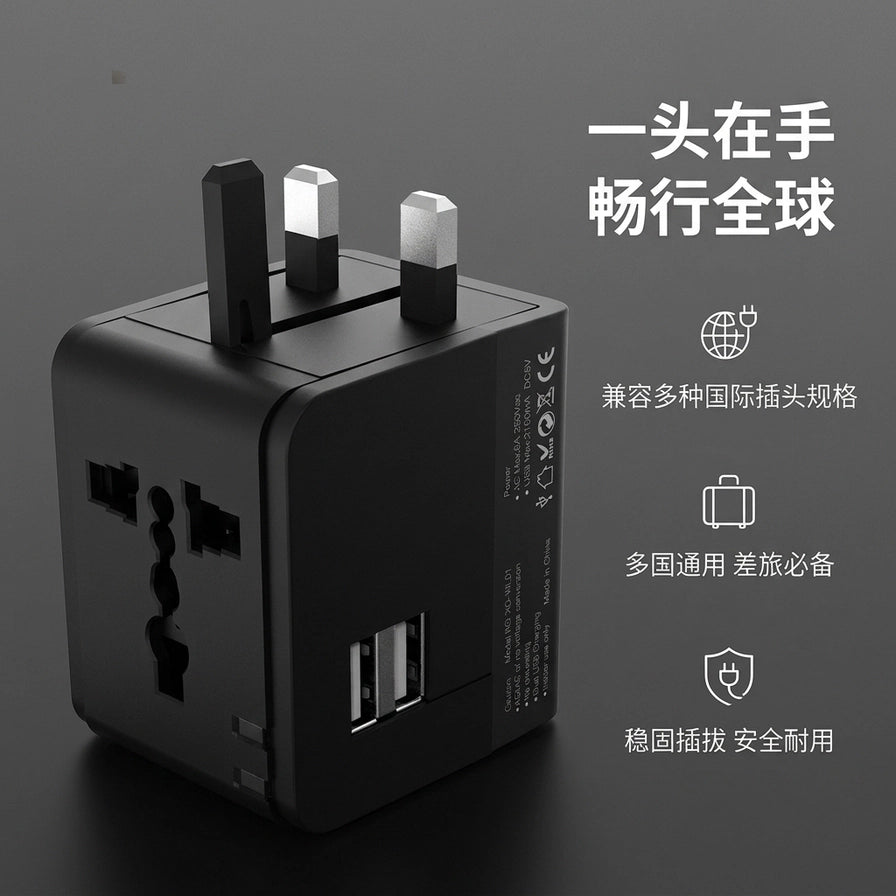 黑色旅行转换插头，配有中文说明文字：一头在手畅行全球，兼容多种国际插头规格。
