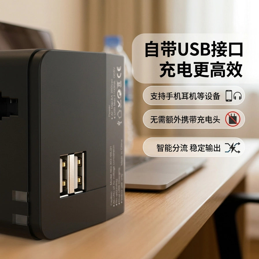 放置在桌面上的旅行转换插头，特写USB接口，配有中文卖点：自带USB接口，支持手机耳机等设备。