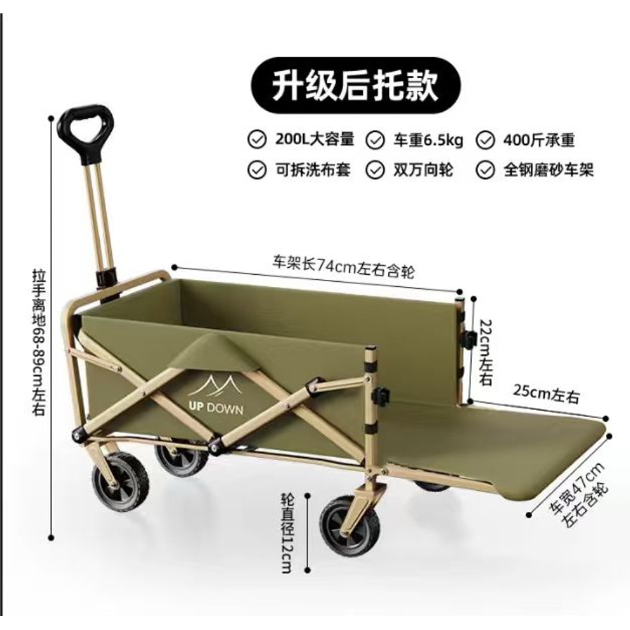 绿色露营车功能卖点图，包含升级后托款设计、双万向轮及可拆洗布套等中文说明。