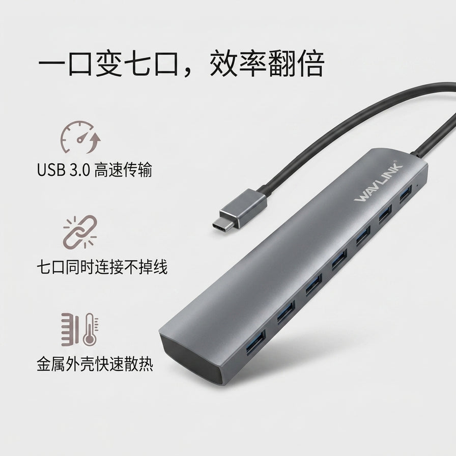 USB - C 扩展器卖点图，包含中文文字：一口变七口，效率翻倍，以及 USB 3.0 高速传输、金属外壳散热等图标说明。