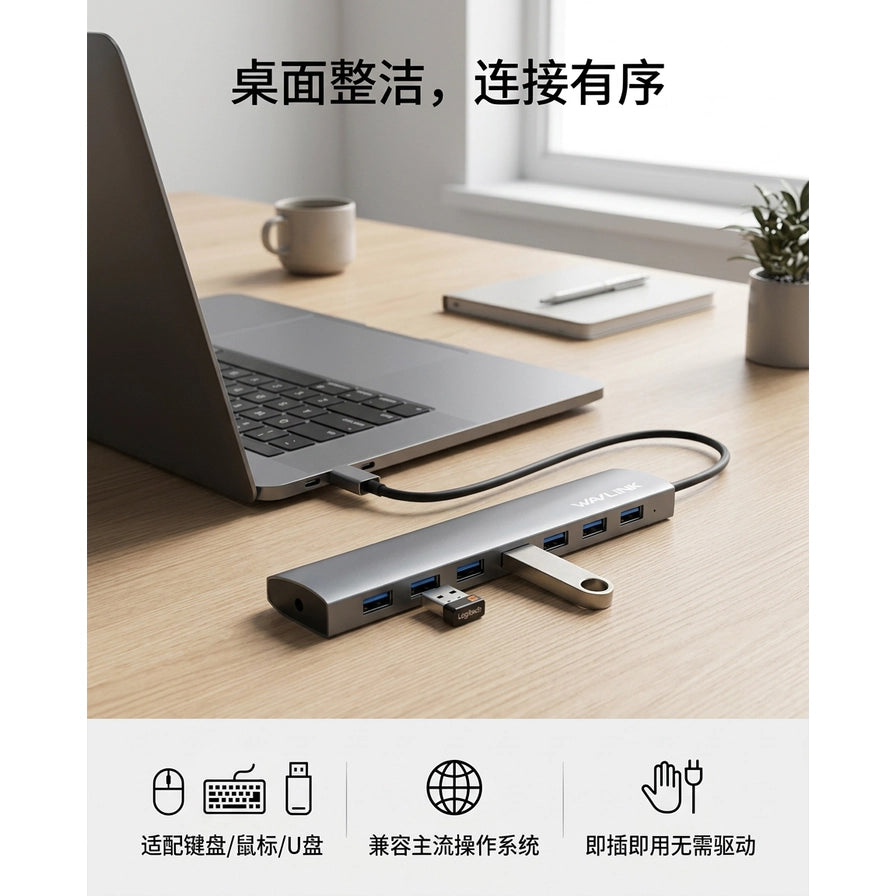 办公桌面场景图，展示 USB - C 扩展器连接笔记本电脑并插有 U 盘和接收器，上方配有中文标题：桌面整洁，连接有序。