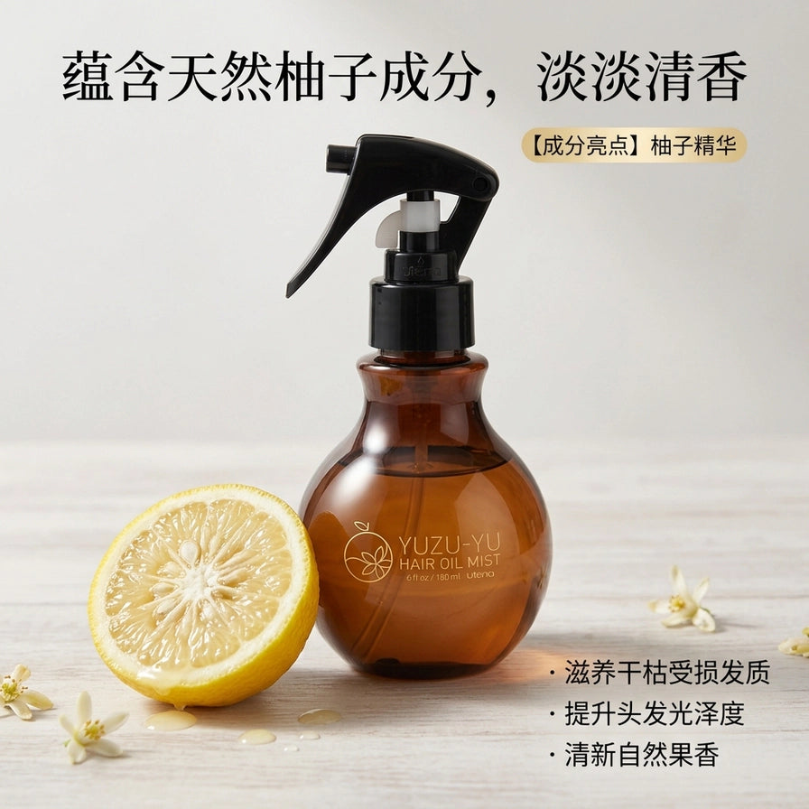 柚子护发精油与新鲜柚子切片场景图，配有中文卖点说明天然成分与滋养功效