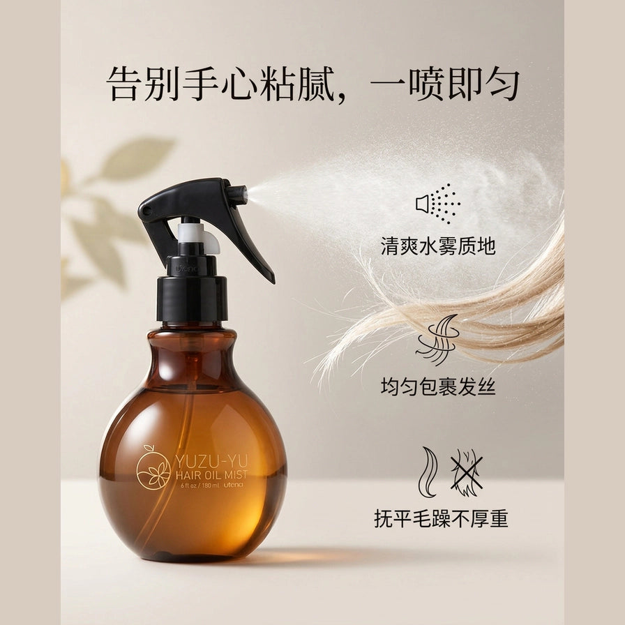 护发精油喷雾使用演示图，展示细腻水雾质地与抚平毛躁效果，附带中文功能图标说明