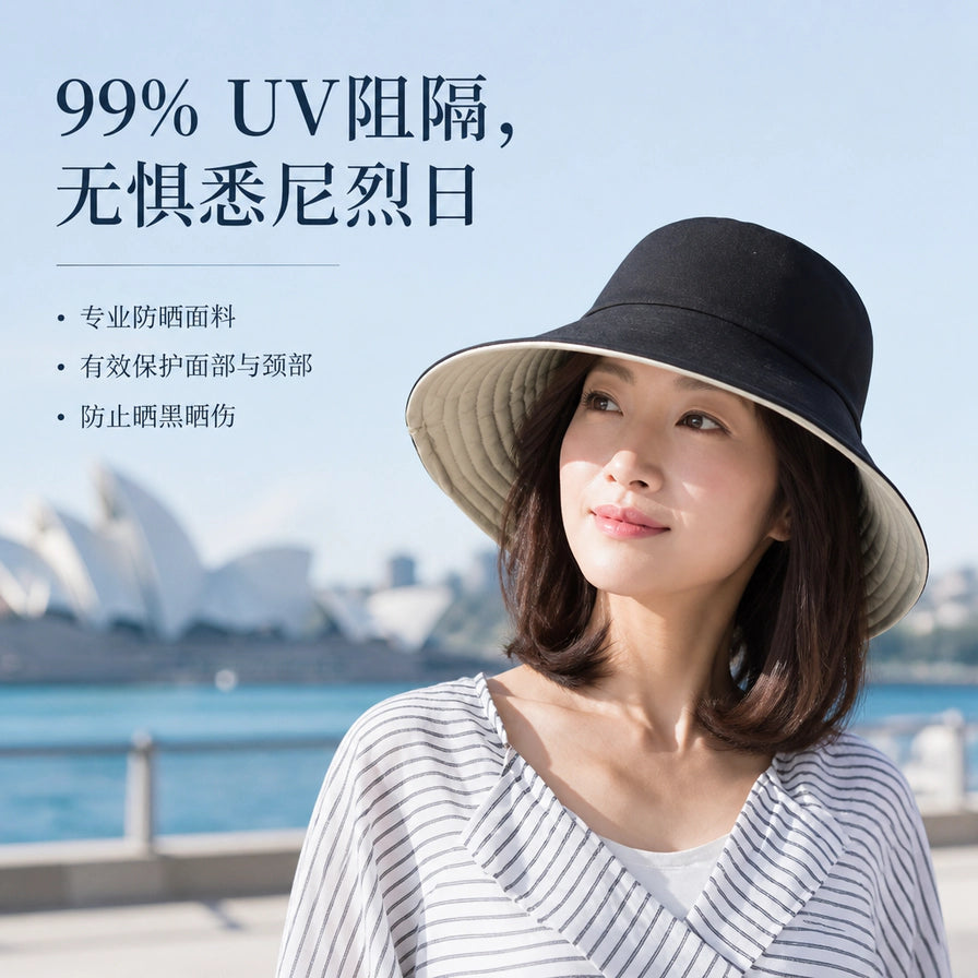 模特在悉尼歌剧院背景下佩戴黑色防晒帽，配有中文卖点：99% UV阻隔，无惧悉尼烈日。