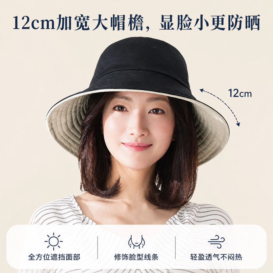 模特正面佩戴12cm大帽檐遮阳帽，配有中文说明：12cm加宽大帽檐，显脸小更防晒，全方位遮挡面部。