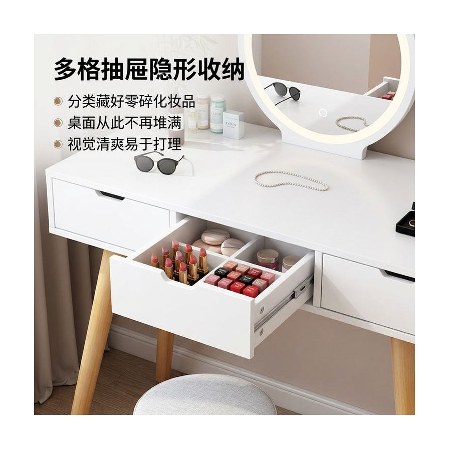 多格抽屉隐形收纳细节图，展示打开的抽屉内整齐摆放的口红和化妆品，配有中文说明。