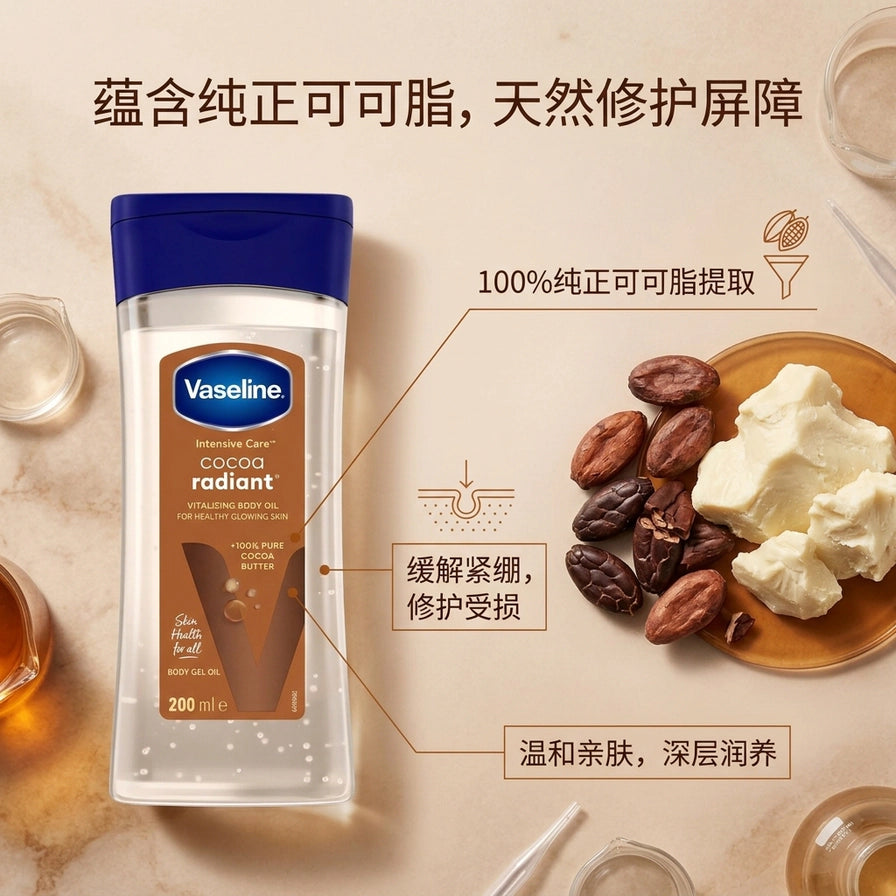 凡士林全可可脂滋润油展示图，右侧配有可可豆和可可脂原料，并带有中文标注：蕴含纯正可可脂、天然修护屏障。