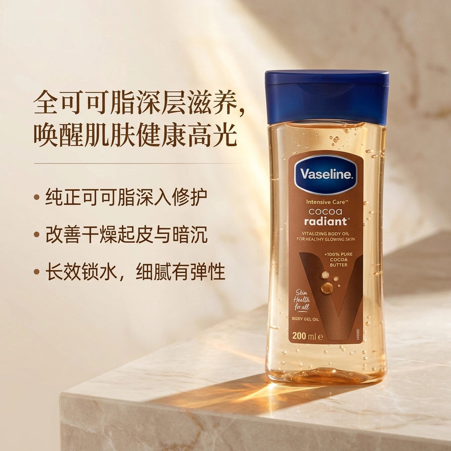 凡士林全可可脂滋润油放置在石纹台面上，背景带有柔和光影，左侧配有中文卖点文字：深层滋养、改善干燥起皮、长效锁水。