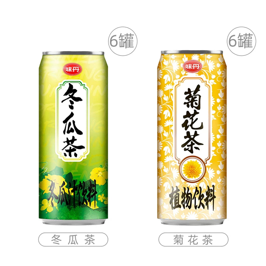 味丹冬瓜茶与菊花茶罐装展示，上方带有6罐规格角标，下方标注口味名称。