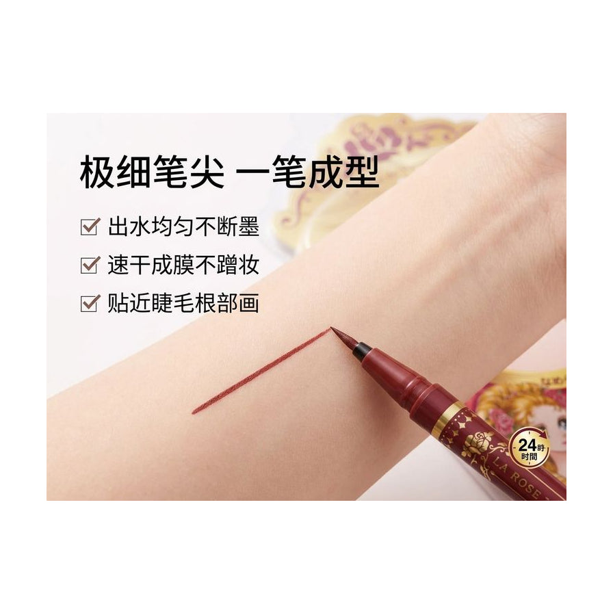 手臂试色展示极细笔尖一笔成型效果，配有中文卖点文字说明出水均匀和速干成膜特性。