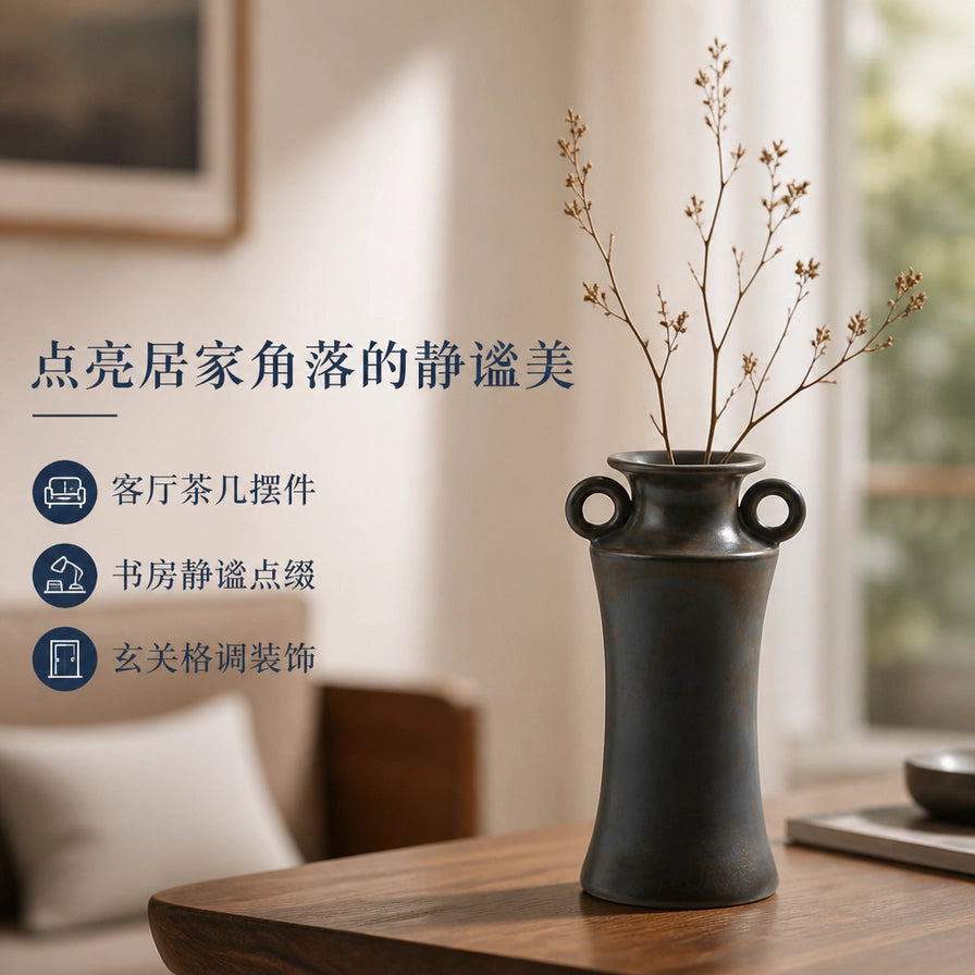 复古墨蓝双耳花瓶在客厅木质茶几上的插花摆放效果，展示其作为家居装饰的静谧美感。