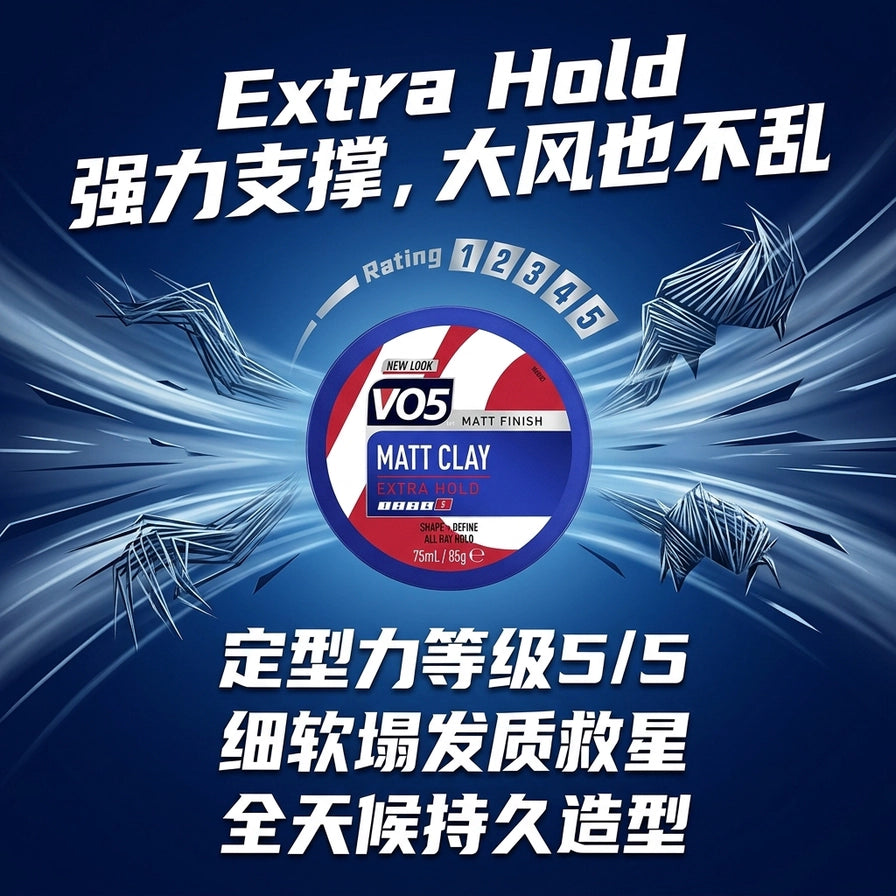 VO5 发泥强力定型营销图，包含中文文案“强力支撑”与发型等级示意图。