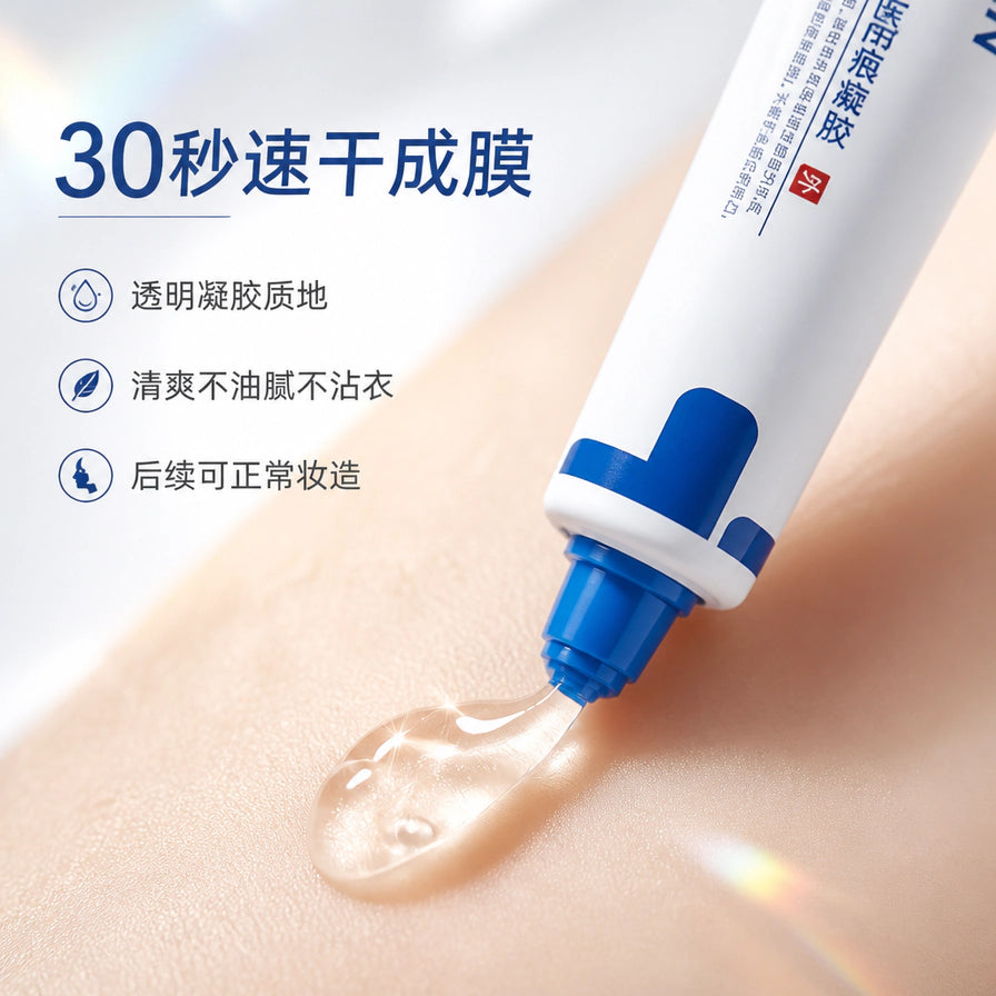 疤痕凝胶滴出透明凝胶质地，画面左侧显示30秒速干成膜、透明凝胶质地、清爽不油腻不沾衣等文字