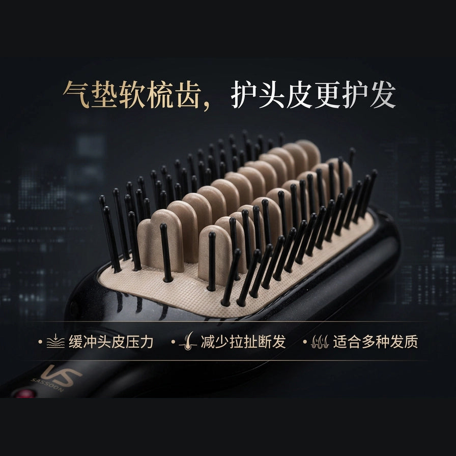 直发梳气垫软梳齿局部特写，配有中文文案强调缓冲头皮压力及减少拉扯断发功能。