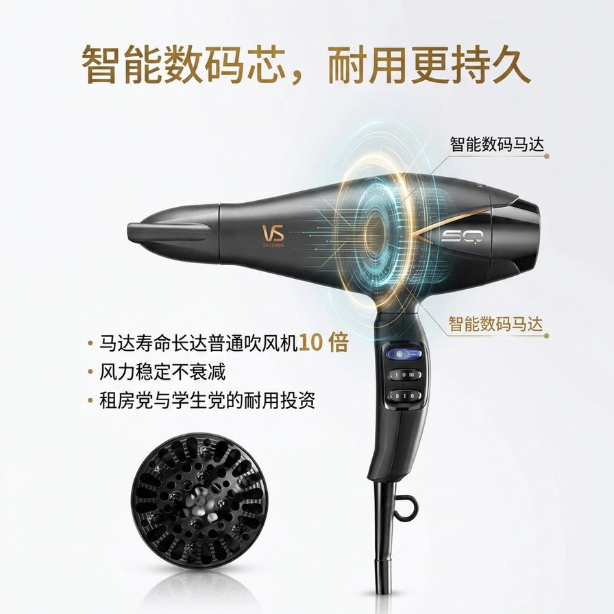智能数码马达技术解析图，通过光效展示内部结构，配有中文标注说明耐用性与风力优势。