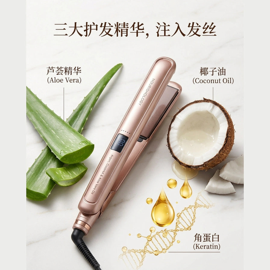 直发棒与芦荟、椰子及角蛋白分子结构图组合，图解三大护发精华注入发丝原理。