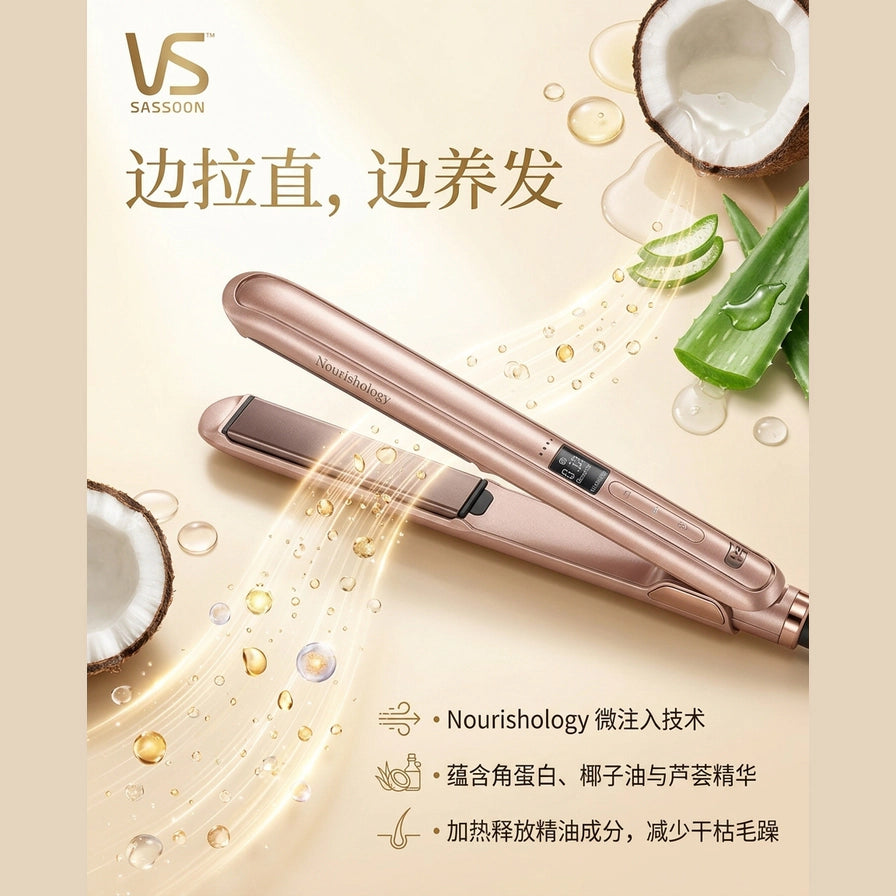 直发棒配合精油流动光效与植物元素，展示边拉直边养发的微注入技术卖点。