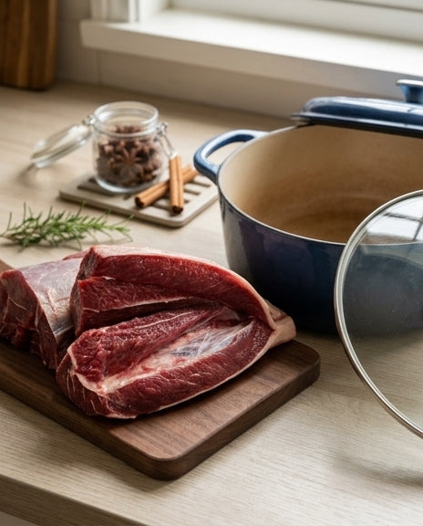 草饲和牛小牛腱侧面展示，清晰可见筋膜纹理，适合慢炖出软糯口感。