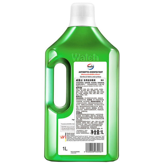 威露士消毒液使用场景示意图，展示衣物浸泡或家居清洁的稀释比例说明