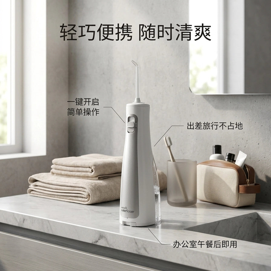 洁碧水牙线放置在洗手台上的生活化场景，标注有一键开启、出差旅行不占地等中文说明。