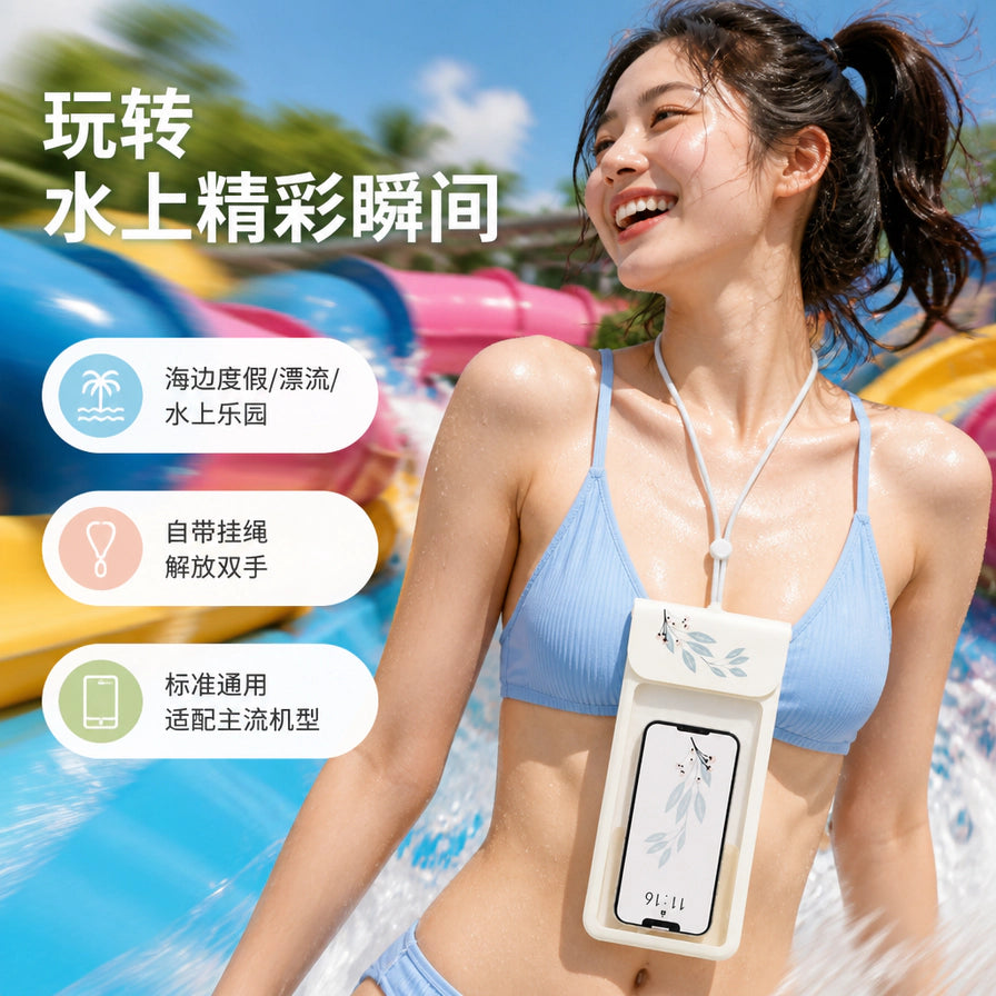 一名女性在水上乐园佩戴挂绳式手机防水袋，背景为彩色滑道，左侧带有使用场景和特点的中文说明。
