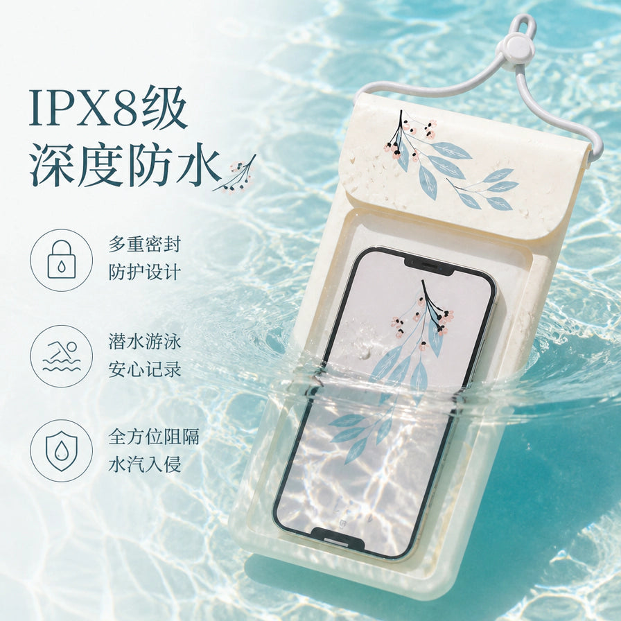 手机防水袋在水中的特写，展示IPX8级深度防水性能，左侧配有功能图标和中文说明文字。