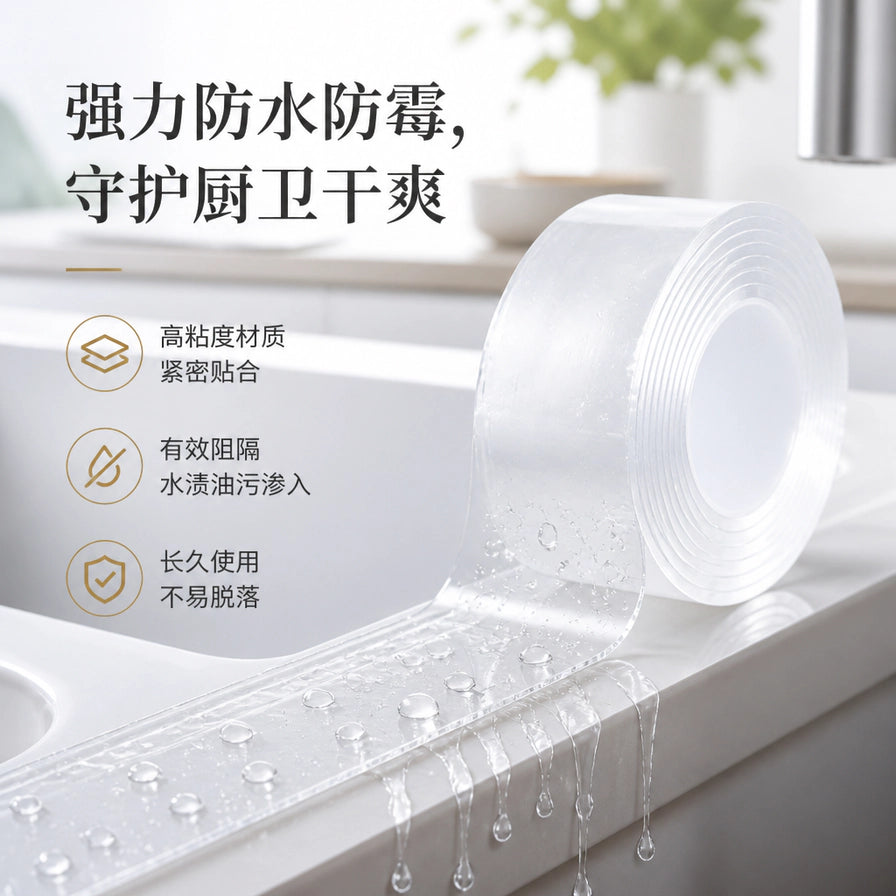 透明防水胶带贴在厨房水槽边缘的场景，上方有强力防水防霉、高粘度材质等中文卖点文字。