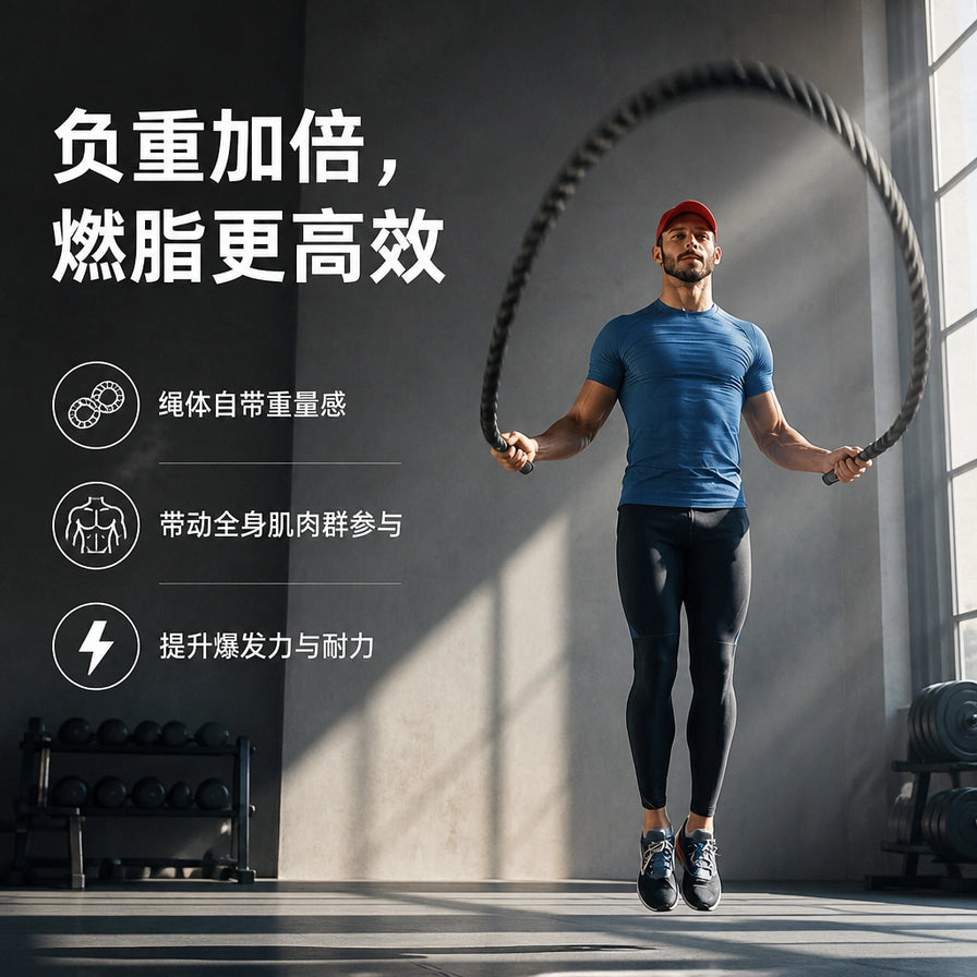 男子在健身房使用负重跳绳，配有中文说明：负重加倍，燃脂更高效，绳体自带重量感，带动全身肌肉群参与。