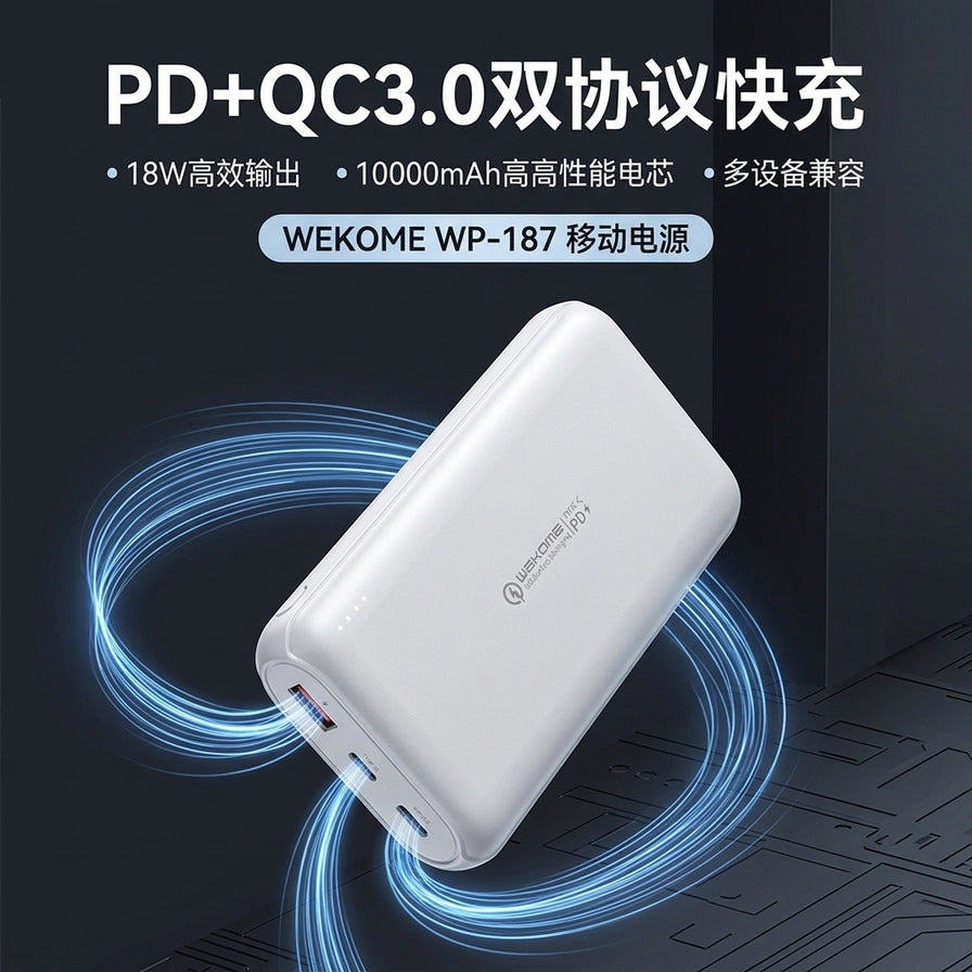 WEKOME WP - 187 移动电源宣传图，背景带有蓝色光效，上方文字显示PD+QC3.0双协议快充及18W高效输出卖点。