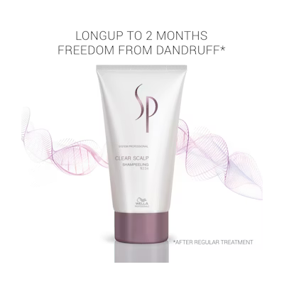 Wella SP Clear Scalp Shampoo 产品宣传图，包含英文去屑功效文案及粉色波浪装饰背景。