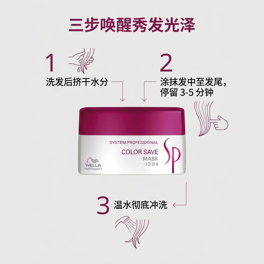 Wella SP 护色发膜使用步骤图解，含中文说明：挤干水分、涂抹停留 3 - 5 分钟及温水冲洗的三步流程。