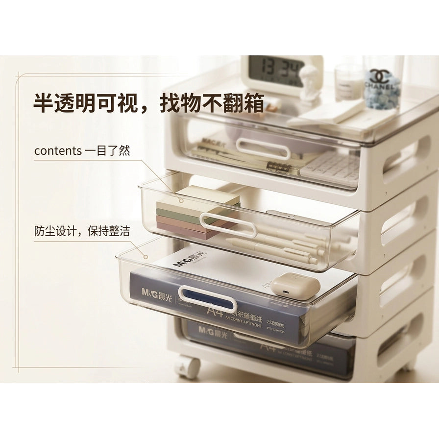 特写展示拉开的半透明抽屉细节，配有中文卖点文案“半透明可视，找物不翻箱”及英文标注。