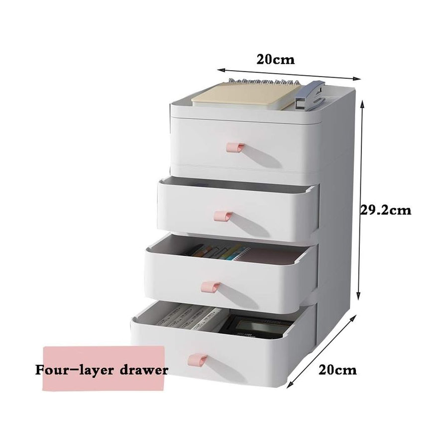 白色四层抽屉收纳盒的尺寸示意图，标注了长宽高数据及英文 Four - layer drawer 字样。